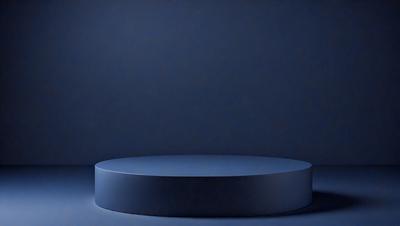 The primary subject of the image is a blue circular object, which appears to be a table or a circular piece of art. The setting is a dark room, with a blue background that complements the blue circular object. The visual style is a close-up of the circular object, emphasizing its shape and color. The colors and mood of the image are predominantly blue, creating a calm and serene atmosphere.