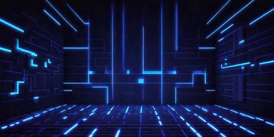 The primary subject of the image is a futuristic, blue-lit room with a black background. The setting appears to be a futuristic cityscape, possibly a space station or a high-tech facility. The visual style of the image is a combination of digital art and illustration, creating a unique and captivating atmosphere. The dominant colors in the image are blue and black, which contribute to the futuristic and high-tech vibe of the scene.