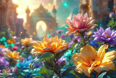 Primary subject: Flowers
Setting/background: A garden with a castle in the background
Visual style: Digital art
Colors and mood: The flowers are brightly colored, and the overall atmosphere is lively and vibrant.