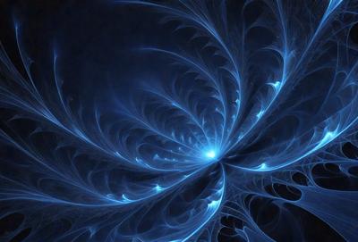 The primary subject of the image is a blue, swirling, and intricate pattern that resembles a flower. The setting is a dark blue background, which contrasts with the vibrant blue pattern. The visual style is a combination of digital art and illustration, creating a unique and captivating design. The colors and mood of the image are predominantly blue, with a sense of depth and complexity.