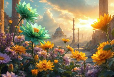 Primary subject: A beautiful garden with a variety of flowers, including yellow and purple ones.

Setting/background: The garden is situated in front of a palace, creating a picturesque and serene atmosphere.

Visual style: The image is a digital artwork, showcasing the vibrant colors and intricate details of the flowers.

Colors and mood: The dominant colors are yellow and purple, which evoke a sense of warmth and tranquility. The overall mood of the image