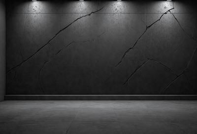 The primary subject of the image is a black wall with a cracked texture. The setting is a room with a black floor, and the visual style is a black and white photo. The dominant colors are black and white, creating a moody atmosphere.