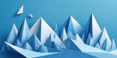 The primary subject of the image is a mountain range, with a blue sky serving as the backdrop. The visual style appears to be a digital art or illustration, as the mountains are depicted in a three-dimensional manner. The colors and mood of the image are predominantly blue, creating a serene and calming atmosphere.