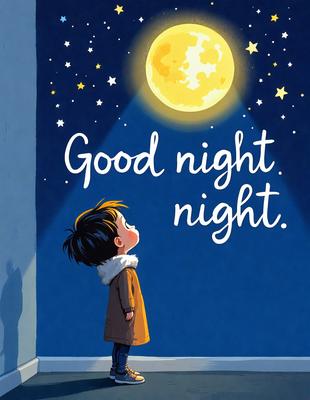 The primary subject of the image is a young boy standing in front of a wall, looking up at the moon. The setting is a nighttime scene, with the moon illuminating the sky. The visual style is a digital art illustration, featuring a child and a moon. The colors and mood of the image are predominantly dark, with the moon being the main source of light.