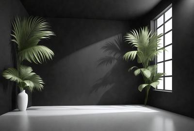 The primary subject of the image is a pair of large, green palm trees. They are placed in a room with a black wall, creating a striking contrast. The setting appears to be a room with a bed, and the visual style is a photo. The dominant colors are black and green, giving the scene a moody and dramatic atmosphere.