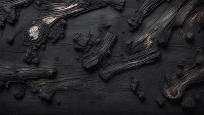 The primary subject of the image is a wooden surface with a black background. The setting appears to be a dark room, possibly a forest or a cave. The visual style of the image is a close-up of the wooden surface, which gives it a textured and detailed appearance. The colors in the image are predominantly black, creating a moody and dramatic atmosphere.