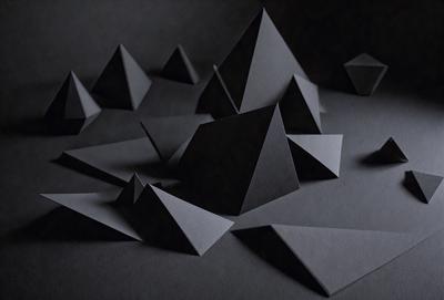 The primary subject of the image is a collection of black triangles, which are arranged in various shapes and sizes. The setting is a black background, which provides a stark contrast to the triangles. The visual style is a combination of digital art and illustration, as the triangles are created using a computer program. The colors and mood of the image are predominantly dark and moody, with the black triangles being the main focus of the composition.