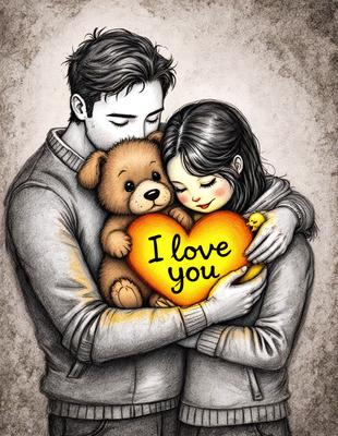 The primary subject of the image is a man and a woman hugging each other while holding a teddy bear. The setting is a dark background, which adds a sense of intimacy to the scene. The visual style is a hand-drawn illustration, giving the image a unique and artistic appearance. The colors are predominantly shades of brown and black, creating a warm and cozy atmosphere.