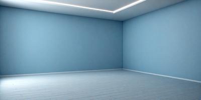 The primary subject of the image is a large, empty room with a blue wall. The setting is a clean, white room with a blue wall, and the visual style is a photo. The colors and mood of the image are predominantly blue, creating a calm and serene atmosphere.