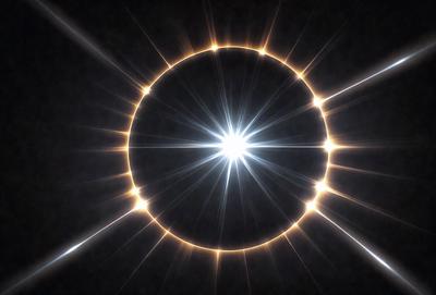 The primary subject of the image is a bright, sun-like object, possibly a sun or a star, with a yellow center. The setting is a dark, starry sky, which contrasts with the brightness of the sun-like object. The visual style appears to be a combination of a photo and a digital art, illustration, or drawing. The colors and mood of the image are predominantly dark and dramatic, with the bright sun-like object standing out against the dark sky.