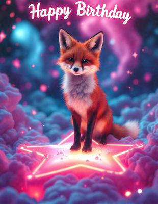 The primary subject of the image is a red fox sitting on a star. The setting is a purple background with a cloudy sky. The visual style is digital art, and the colors and mood are vibrant and lively.