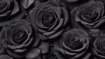 The primary subject of the image is a close-up of a group of black roses. The setting is a dark background, which emphasizes the contrast between the black roses and the rest of the image. The visual style is a black and white photo, giving the image a classic and timeless appearance. The dominant colors are black and white, creating a moody and dramatic atmosphere.