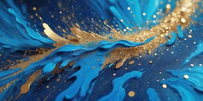 The primary subject of the image is a painting of a wave, featuring a mix of blue and gold colors. The setting is a canvas, and the visual style appears to be a combination of digital art and illustration. The dominant colors in the painting are blue and gold, creating a sense of depth and movement in the artwork.
