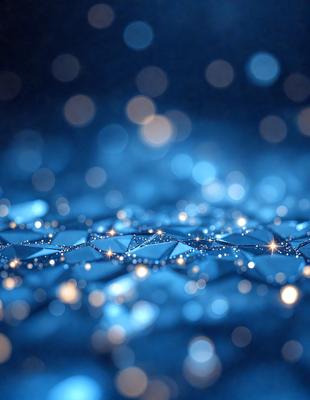 The primary subject of the image is a blue background with a pattern of bright, shining lights. The setting appears to be a dark room, and the visual style is a combination of a photo and digital art. The colors and mood of the image are predominantly blue, with the bright lights adding a sense of energy and excitement.