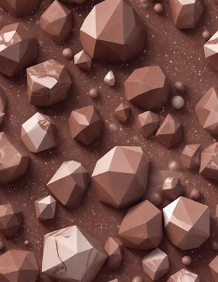 The primary subject of the image is a collection of small, brown, and white rocks. The setting is a brown surface, possibly a chocolate-colored background, which adds to the visual style. The image is a digital art or illustration, showcasing the intricate details of the rocks. The dominant colors are brown and white, creating a natural and earthy atmosphere.