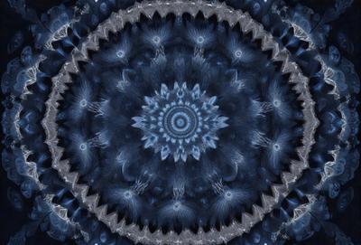 The primary subject of the image is a blue and white circular pattern, which appears to be a part of a larger design. The setting is a blue background, and the visual style is a combination of digital art and illustration. The dominant colors are blue and white, creating a calm and serene atmosphere.