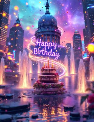 The primary subject of the image is a birthday cake with lit candles, placed in a fountain. The cake is decorated with pink flowers, and the fountain is surrounded by a cityscape. The setting appears to be a nighttime city, with a lit-up skyline in the background. The visual style of the image is a combination of digital art and illustration, creating a whimsical and festive atmosphere. The colors and mood of the image are predominantly pink and