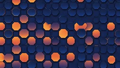 The primary subject of the image is a blue and orange patterned background. The setting is a blue and orange hexagonal pattern, which creates a visually striking and unique backdrop. The visual style of the image is a combination of digital art and illustration, as it features a complex and intricate design. The dominant colors in the image are blue and orange, creating a vibrant and lively atmosphere.