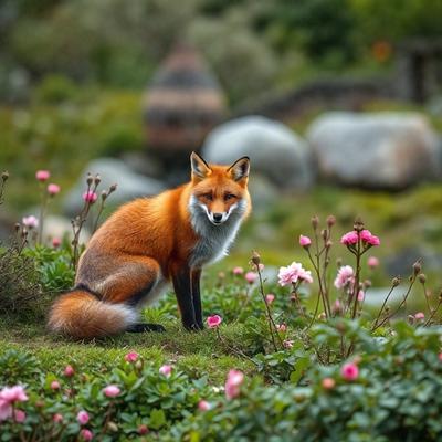 The primary subject of the image is a fox sitting on a grassy hillside. The setting is a grassy field with rocks and flowers, creating a natural and serene environment. The visual style is a photo, capturing the fox in its natural habitat. The colors and mood of the image are predominantly green and earthy, reflecting the natural surroundings.