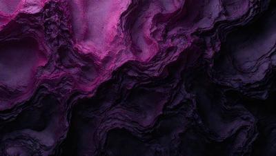 The primary subject of the image is a purple and black patterned surface, which appears to be a piece of art or a textured wall. The setting is a dark room, and the visual style is a close-up of the artwork. The dominant colors in the image are purple and black, creating a moody and dramatic atmosphere.