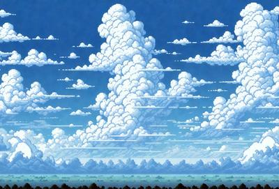 The primary subject of the image is a cloudy sky filled with various cloud formations. The setting is a blue sky, and the visual style appears to be a digital art or illustration. The clouds are white and occupy a significant portion of the sky, creating a sense of depth and atmosphere. The overall mood of the image is serene and peaceful, as the clouds float gracefully in the sky.