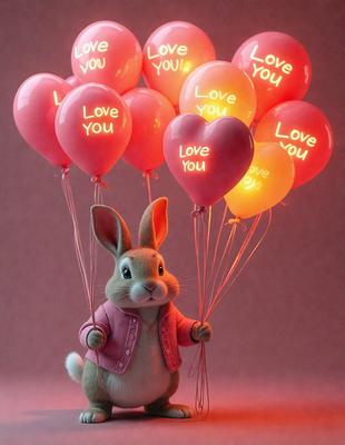 The primary subject of the image is a stuffed bunny holding a pink heart balloon. The setting is a pink background, which adds a warm and cozy atmosphere to the scene. The visual style is a combination of a photo and digital art, creating a unique and eye-catching image. The colors and mood are predominantly pink, which adds a sense of love and affection to the scene.