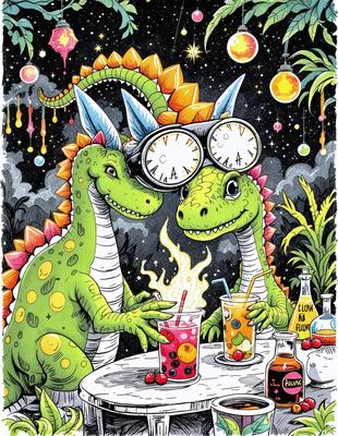 The primary subject of the image is a cartoon illustration of two dinosaurs, one green and the other orange, sitting at a table with drinks in front of them. They are wearing glasses and appear to be enjoying their time together. The setting is a dining table with cups and a clock on the wall. The visual style is a cartoon illustration, and the colors are vibrant and lively. The overall atmosphere is light-hearted and fun.