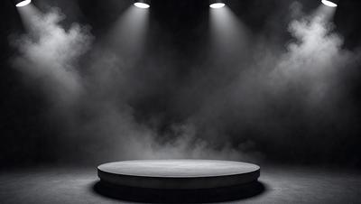 The primary subject of the image is a large, round, black object, possibly a stage or a platform, with a light shining on it. The setting is a dark room, and the visual style appears to be a photo. The dominant colors are black and white, giving the image a moody and dramatic atmosphere.