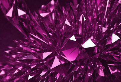 The primary subject of the image is a large, purple, crystal-like structure with many facets. The setting is a dark background, which contrasts with the bright purple color of the crystal. The visual style appears to be a combination of digital art and illustration, creating a unique and intriguing appearance. The colors and mood of the image are predominantly purple, giving it a mysterious and captivating atmosphere.
