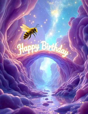 The primary subject of the image is a bee flying through a tunnel or a cave. The setting is a purple, pink, and blue environment, which gives the scene a whimsical and colorful atmosphere. The visual style appears to be a digital art or illustration, as the bee and the tunnel are depicted in a creative and imaginative manner. The colors and mood of the image are vibrant and cheerful, making it a happy birthday card.