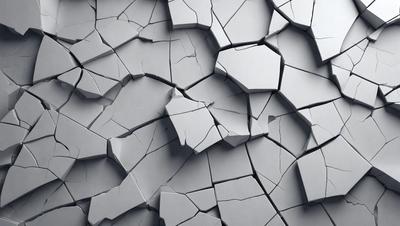 The primary subject of the image is a close-up of a concrete wall with a lot of cracks and chips. The setting is a concrete surface, and the visual style is a black and white photo. The colors and mood of the image are predominantly dark and moody, with the concrete wall serving as the focal point.