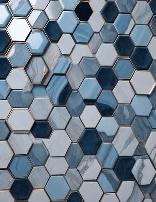 The primary subject of the image is a blue and white tile wall with a pattern of hexagonal shapes. The setting is a bathroom, and the visual style is a photo. The dominant colors are blue and white, creating a clean and modern atmosphere.