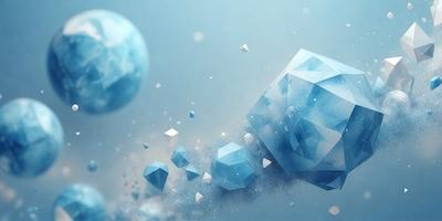 The primary subject of the image is a large blue crystal, which is the main object in the scene. The setting is a blue background, and the visual style is digital art. The dominant colors are blue and white, creating a calm and serene atmosphere.