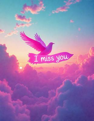 The primary subject of the image is a white bird flying through a pink and purple cloudy sky. The bird is the main focus of the scene, and it appears to be flying towards the viewer. The setting is a vibrant and colorful sky, with clouds and a sun visible in the background. The visual style of the image is a combination of digital art and illustration, creating a whimsical and dreamy atmosphere. The dominant colors in the image are pink, purple, and white, which contribute to