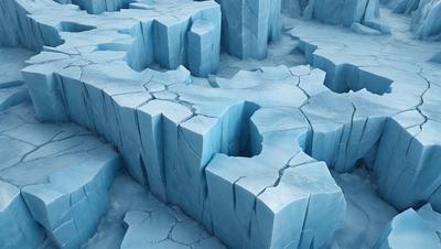 The primary subject of the image is a large, blue, icy mountain with a crack in it. The setting is a snowy, icy landscape, and the visual style is a digital art or illustration. The dominant colors are blue and white, creating a cold and icy atmosphere.