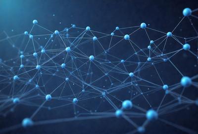The primary subject of the image is a complex network of interconnected blue spheres. The setting is a dark background, which contrasts with the bright blue spheres. The visual style is a digital art or illustration, as the spheres are arranged in a visually appealing manner. The colors and mood of the image are predominantly blue, creating a sense of calmness and order.