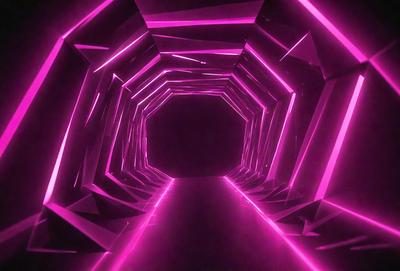 The primary subject of the image is a tunnel-like structure with a pink lighting effect. The setting is a dark room, and the visual style appears to be a combination of digital art and illustration. The dominant colors in the image are pink and purple, creating a warm and inviting atmosphere.