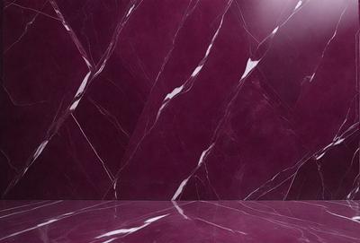 The primary subject of the image is a purple marble wall. The setting is a room with a purple marble wall as the main focus. The visual style is a close-up of the marble wall, showcasing its texture and color. The colors and mood of the image are predominantly purple, creating a calm and sophisticated atmosphere.