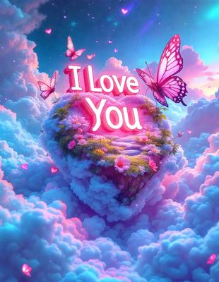 Primary subject: A heart-shaped cloud with a message that says "I Love You" and butterflies surrounding it.

Setting/background: A pink and white cloudy sky.

Visual style: Digital art.

Colors and mood: The image is predominantly pink and white, creating a warm and loving atmosphere.