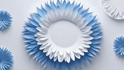The primary subject of the image is a large, blue, white, and yellow flower. The flower is the main object, scene, or focus of the image. The setting or background is a white wall, which provides a clean and uncluttered environment for the flower. The visual style of the image is a combination of photo and digital art, creating a realistic yet artistic representation of the flower. The dominant colors of the image are blue, white, and yellow, which contribute to a bright and cheerful atmosphere.