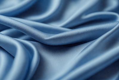 The primary subject of the image is a blue fabric, possibly a piece of silk, with a leather-like texture. The setting is a close-up view of the fabric, showcasing its unique texture and color. The visual style is a detailed, up-close representation of the fabric, highlighting its distinctive features. The colors and mood of the image are predominantly blue, creating a calm and serene atmosphere.