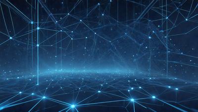 The primary subject of the image is a blue, geometric pattern that fills the entire frame. The setting is a dark, starry night sky, creating a contrasting backdrop for the pattern. The visual style is a digital art or illustration, with the pattern resembling a network of interconnected lines. The colors and mood of the image are predominantly blue, creating a serene and calming atmosphere.