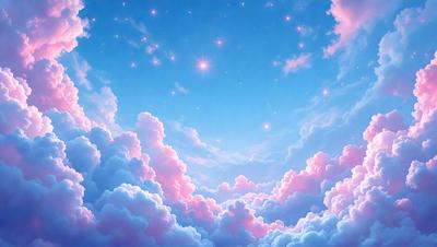 The primary subject of the image is a beautiful, colorful cloudy sky filled with pink and blue hues. The setting is a nighttime scene with a starry background, creating a serene and peaceful atmosphere. The visual style is a combination of photo and digital art, resulting in a stunning and realistic representation of the cloudy sky. The colors and mood convey a sense of tranquility and wonder, as the viewer is drawn into the vast expanse of the night sky.
