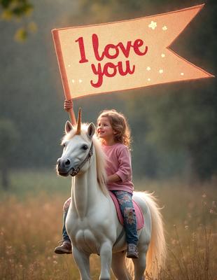 Primary subject: A girl riding a white horse.

Setting/background: A field with grass and trees in the background.

Visual style: A photo of the girl and the horse.

Colors and mood: The image is in color, and the mood is cheerful and playful, as the girl is holding a sign that says "I love you."