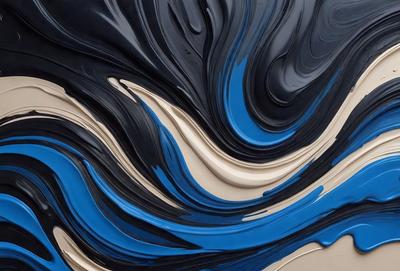 The primary subject of the image is a painting featuring a blue and black color scheme. The setting is a canvas, and the visual style appears to be a digital art or illustration. The painting has a dynamic and abstract nature, with a sense of movement and flow. The dominant colors are blue and black, creating a mood of depth and intensity.