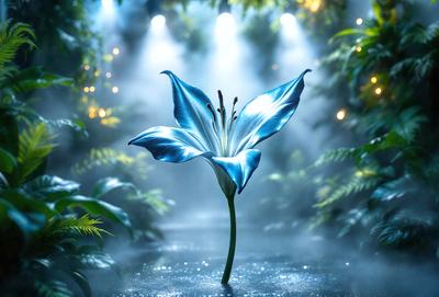 The primary subject of the image is a single blue flower, which is the main focus of the scene. The setting is a forest, with the flower standing in a stream of water. The visual style of the image is a photo, capturing the beauty of the flower in its natural environment. The dominant colors in the image are blue and green, creating a serene and calming atmosphere.