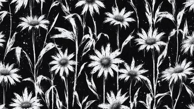 The primary subject of the image is a pattern of white flowers on a black background. The flowers are depicted in various sizes and orientations, creating a visually interesting and dynamic design. The setting appears to be a black and white photograph, which adds a classic and timeless feel to the image. The visual style is a combination of artistic elements, such as the intricate flower patterns and the contrast between the white flowers and the dark background. The overall atmosphere of the image is elegant and sophisticated, with a touch of nost