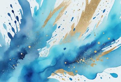 The primary subject of the image is a painting featuring a blue background with gold and blue splashes. The setting is a canvas, and the visual style is a painting. The dominant colors are blue, gold, and blue, creating a vibrant and lively atmosphere.