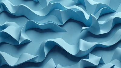 The primary subject of the image is a blue, wavy, and curved surface, which appears to be a piece of art or a design element. The setting is a blue background, and the visual style is a combination of digital art and illustration. The colors and mood of the image are predominantly blue, creating a calm and serene atmosphere.