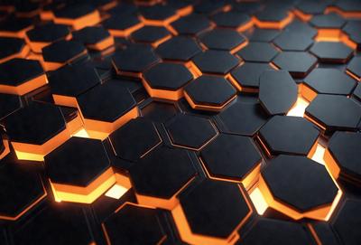The primary subject of the image is a close-up of a black and orange honeycomb pattern. The setting is a black background, which contrasts with the vibrant colors of the honeycomb. The visual style is a combination of a photo and digital art, creating a unique and intriguing pattern. The dominant colors are black and orange, giving the image a bold and striking appearance.